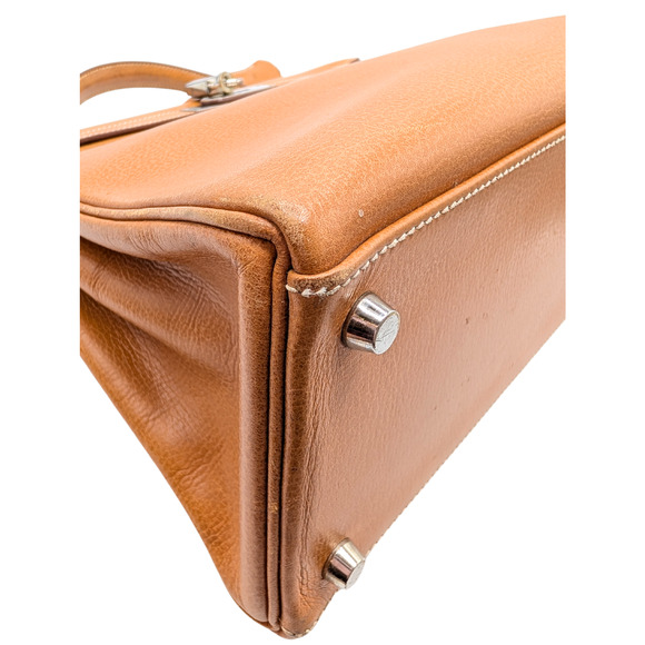 HERMES Tan Toffee Vache Liegee Leather Palladium Retourne Hardware Kelly 32 Bag - Picture 9 of 15